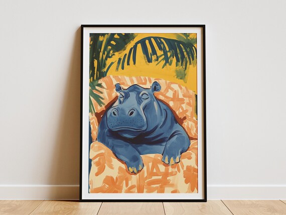 Blue Hippo Lounging in Orange Water Palm Leaves Matisse Poster