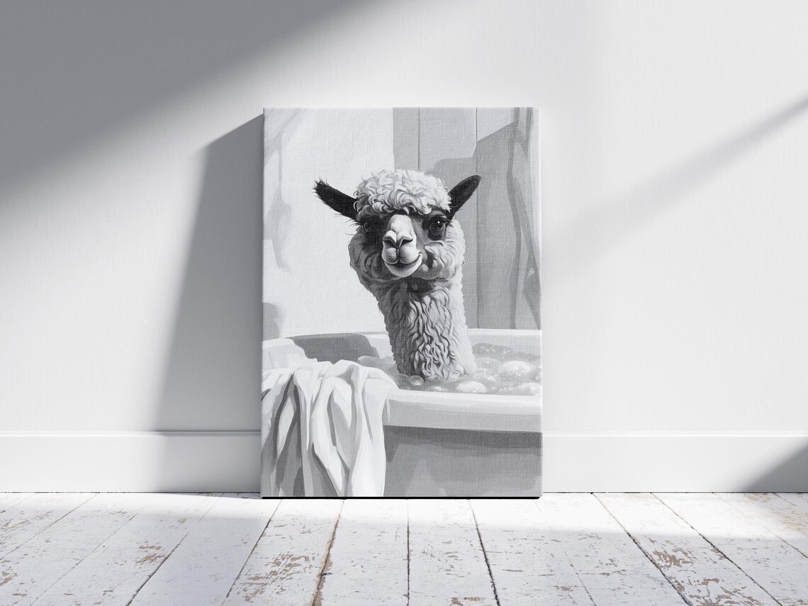 Alpaca In Bubble Bathtub Black and White Funny Animal Poster - Image 2
