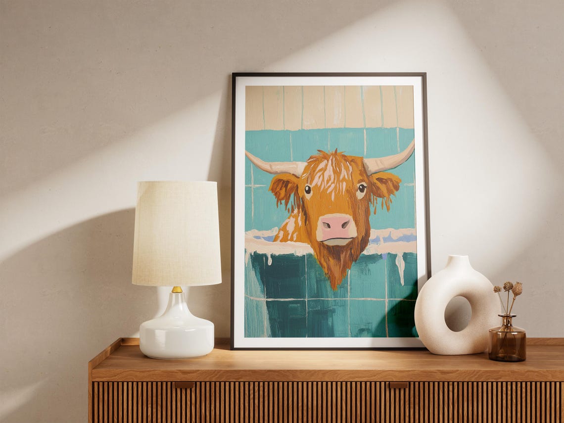 Highland Cow Peeking Out Of A Soapy Bubble Bath Teal Tiles Poster - Image 5