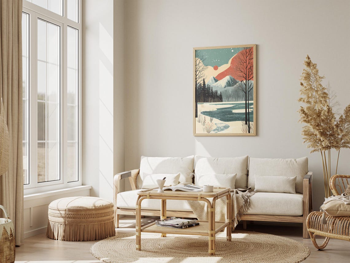 Winter Frozen Lake Vintage Travel Poster Christmas Holiday Poster Snowy Mountains Landscape Art Print Modern Scandinavian Style Home Decor - Image 4