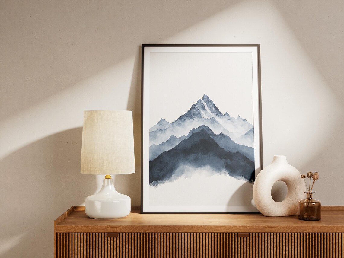 Blue Watercolor Mountain Peak Mist Minimalist Landscape Art Poster - Image 4