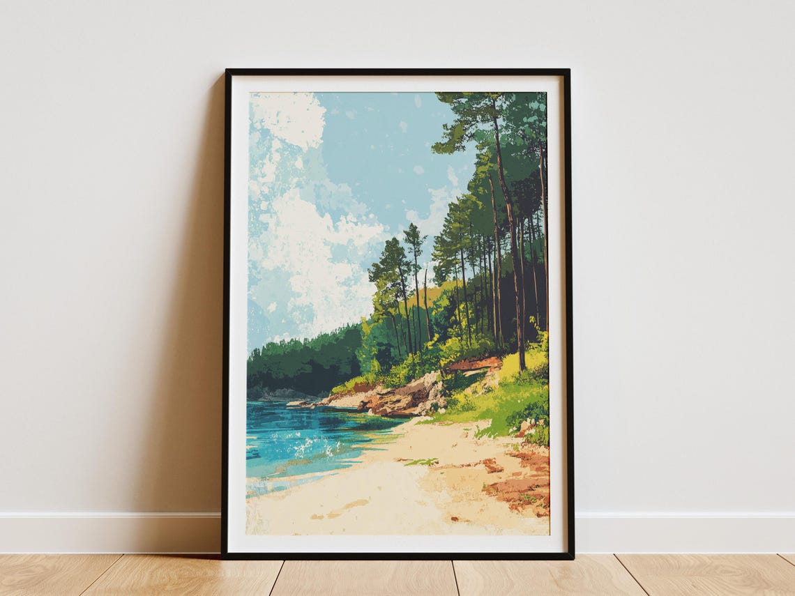 Sandy Beach Cove with Turquoise Water Pine Forest Art Poster