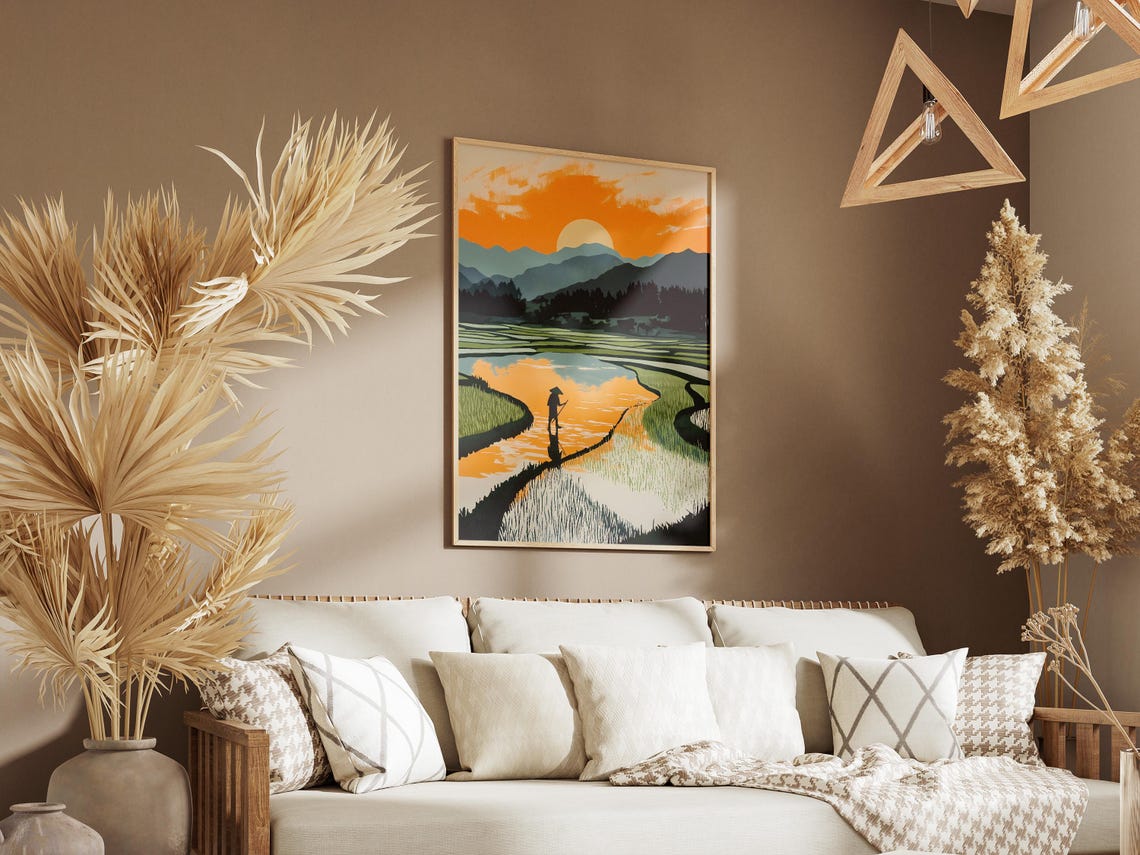 Farmer Silhouette Flooded Rice Paddy Sunset Orange Sky Poster - Image 3