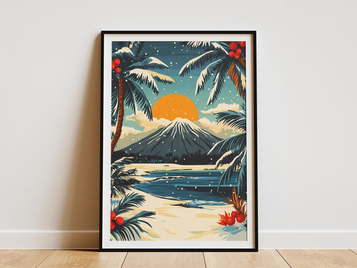 Hawaii Volcano Snowy Palms Tropical Winter Sunset Travel Poster