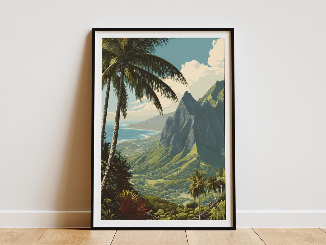 Hawaiian Tropical Mountain Coast Vintage Style Island View Poster
