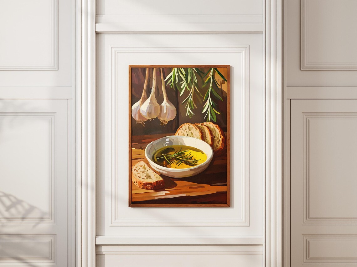 Olive Oil Rosemary Dipping Bowl Rustic Italian Bread Still Life Poster - Image 2
