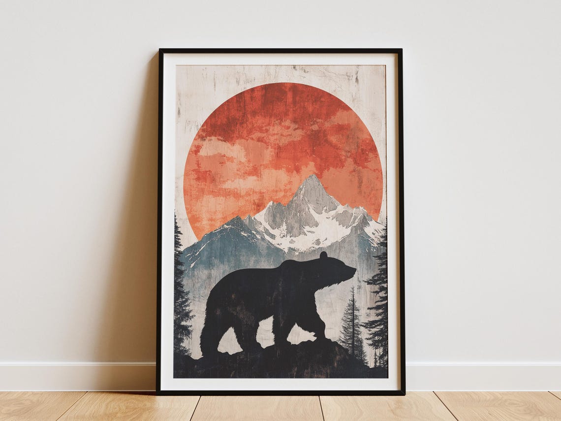 Bear Silhouette Under a Red Sun Snowy Mountain Landscape Poster