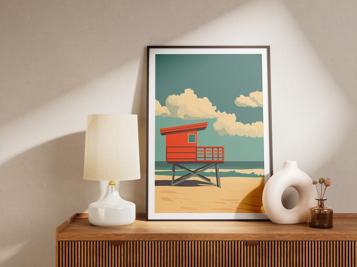 Red Lifeguard Tower on a Sandy Beach Under a Teal Sky Poster - Image 5