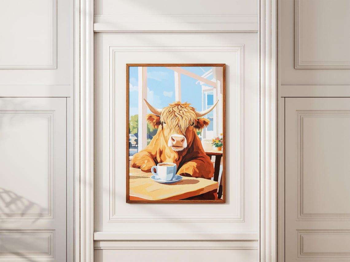 Shaggy Highland Cow with Coffee at Bright Cafe Window Poster - Image 2
