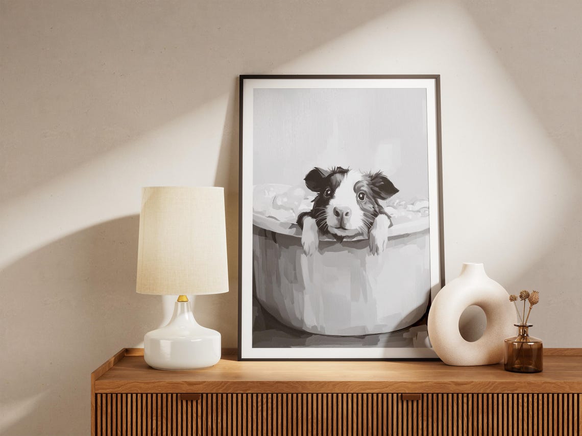 Guinea Pig In A Bubble Bath Black And White Cute Pet Art Poster - Image 4