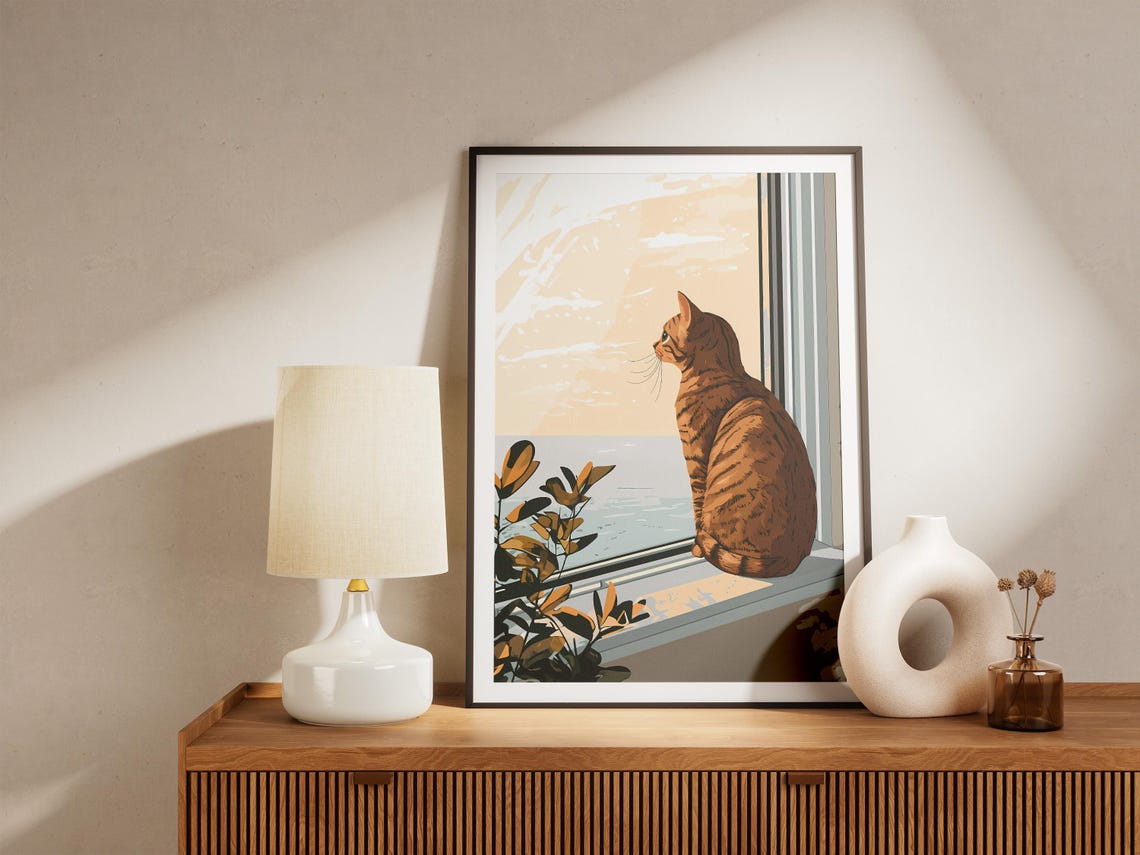 Orange Tabby Cat Gazing Out a Golden Sunset Ocean Window Poster - Image 5