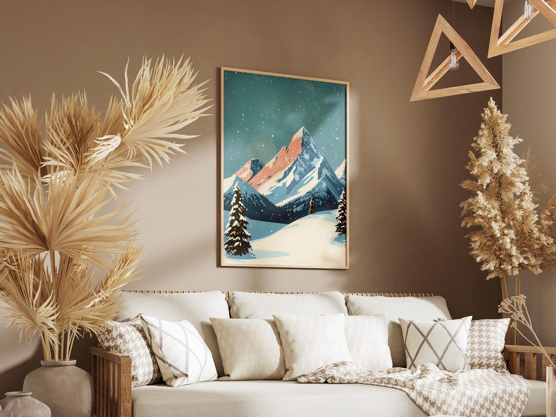 Snowy Mountain Peak With Pink Alpenglow Teal Starry Sky Poster - Image 3