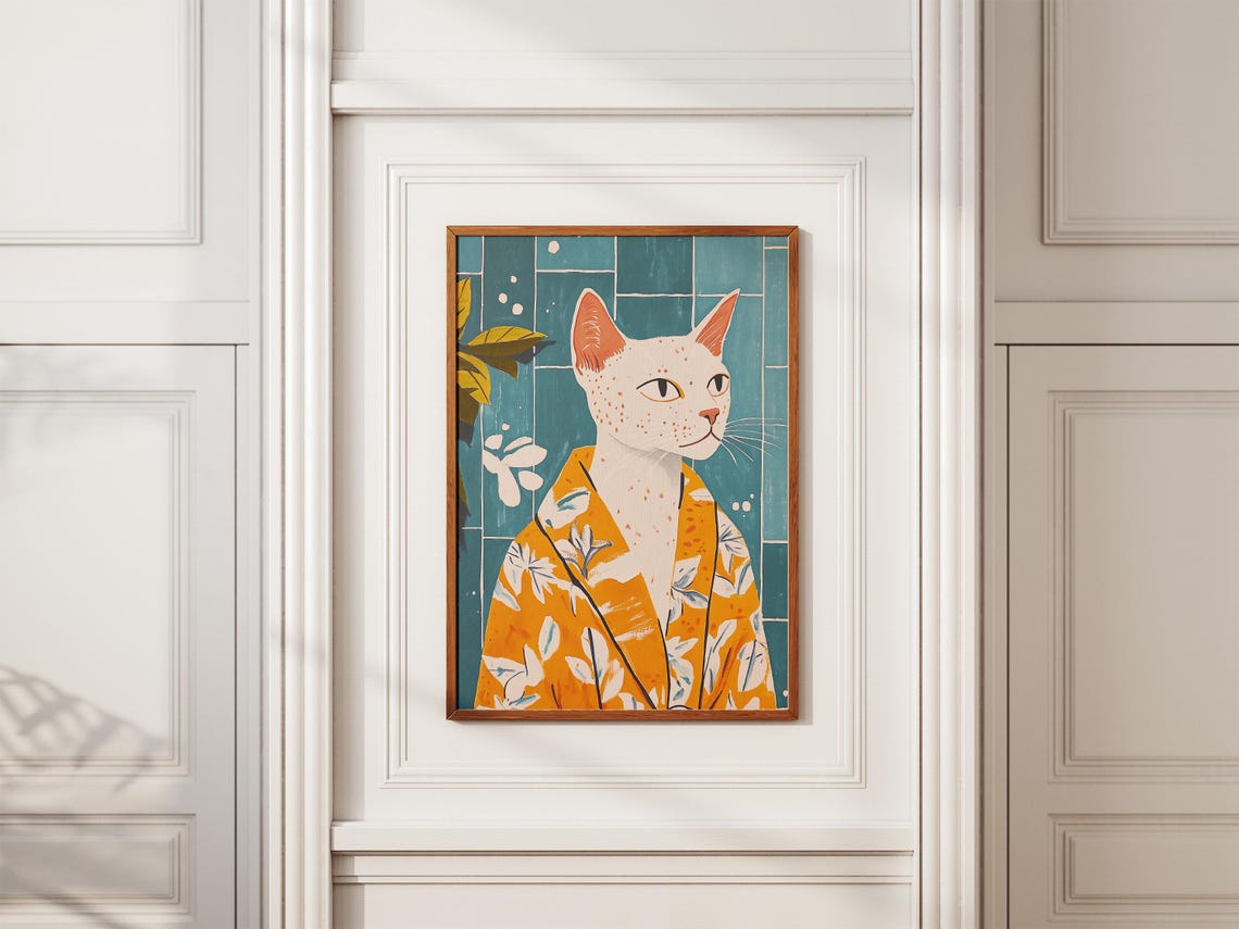 Elegant White Cat Orange Kimono Floral Botanical Artwork Poster - Image 2