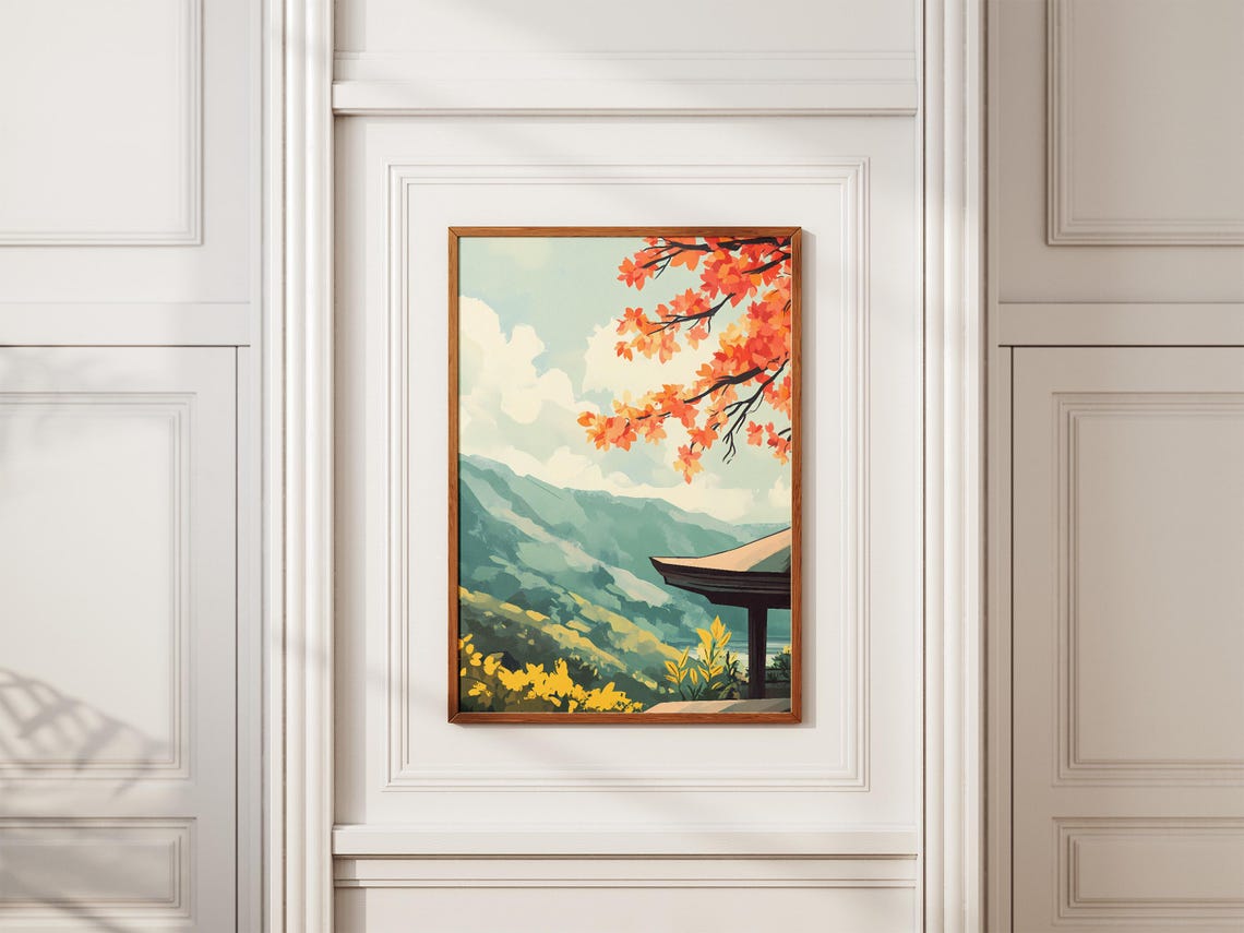 Japanese Pagoda Roof With Red Maple Over Mountain Valley Poster - Image 2