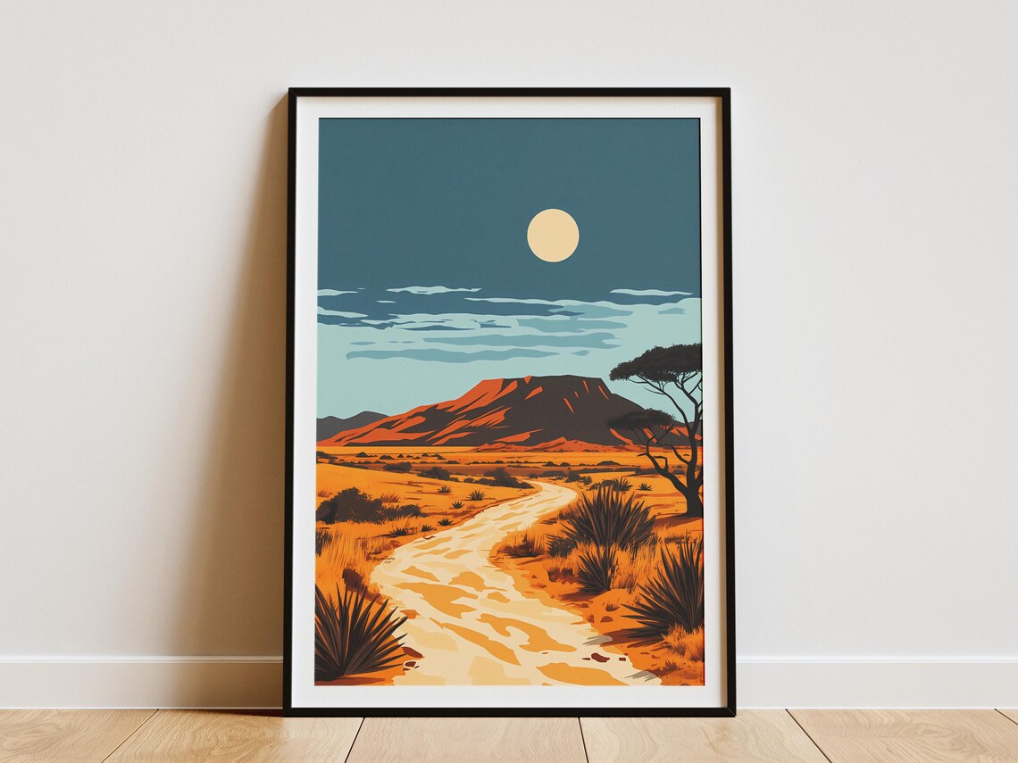 W National Park Niger Africa Poster Print African Safari Landscape Wall Art Orange Desert Road Travel Illustration Nature Decor