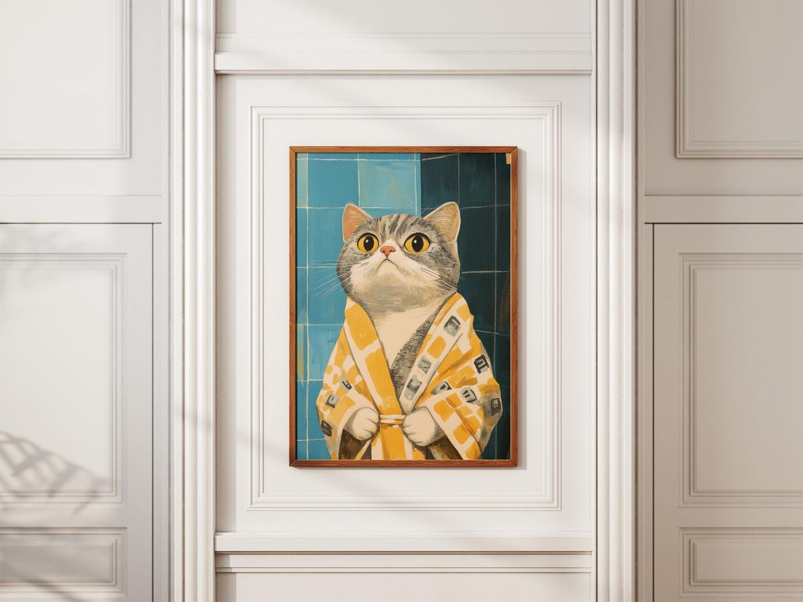 Round Faced Scottish Fold Cat in Yellow Patterned Robe Art Poster - Image 2