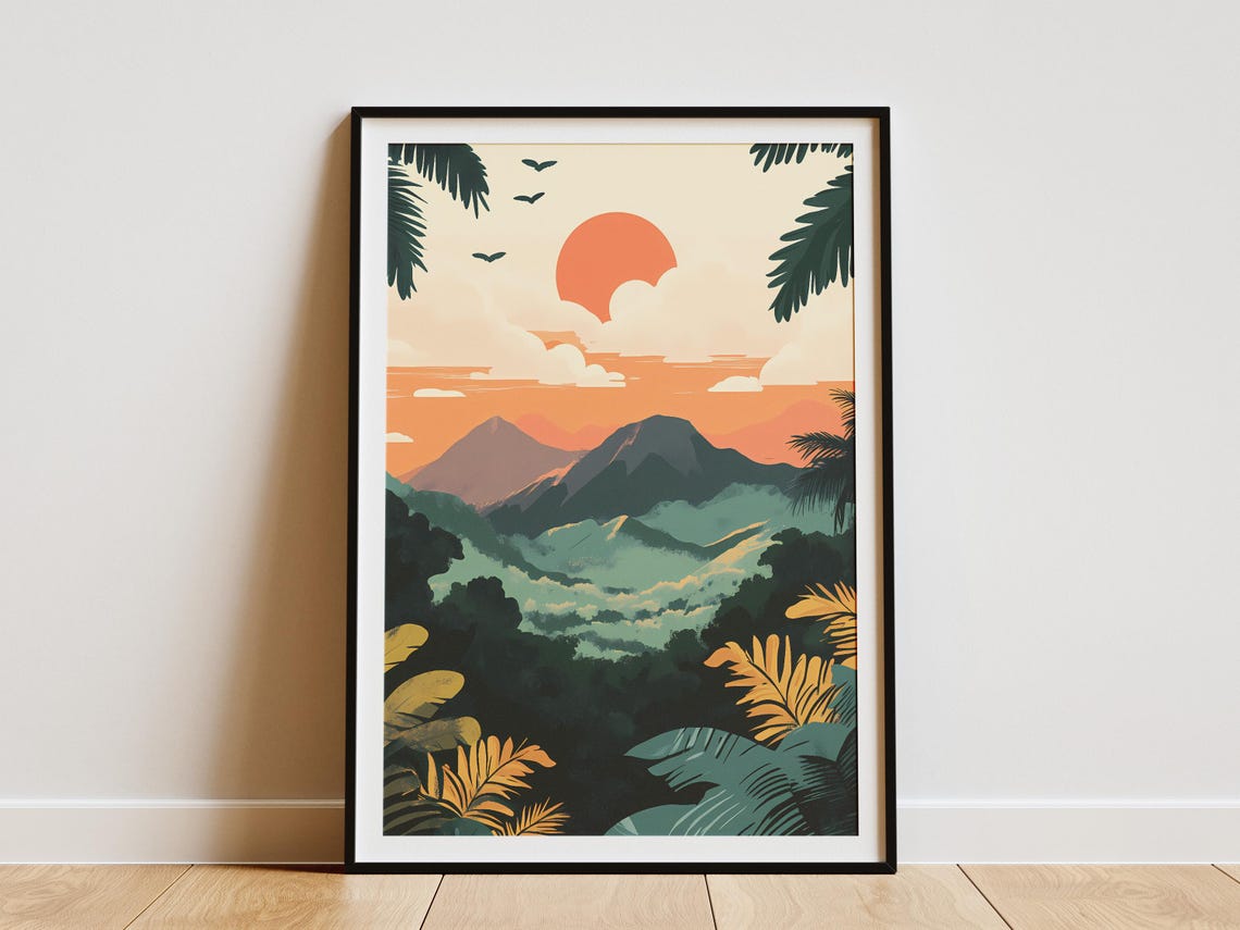 Indonesia Jungle Volcanoes Coral Sun Canopy Retro Travel Poster