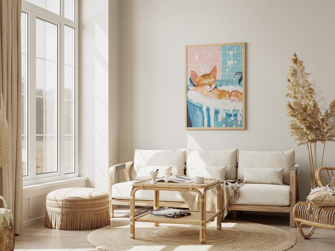 Cozy Cute Sleepy Orange Cat Bubble Bath Blue Tub Pastel Poster - Image 3