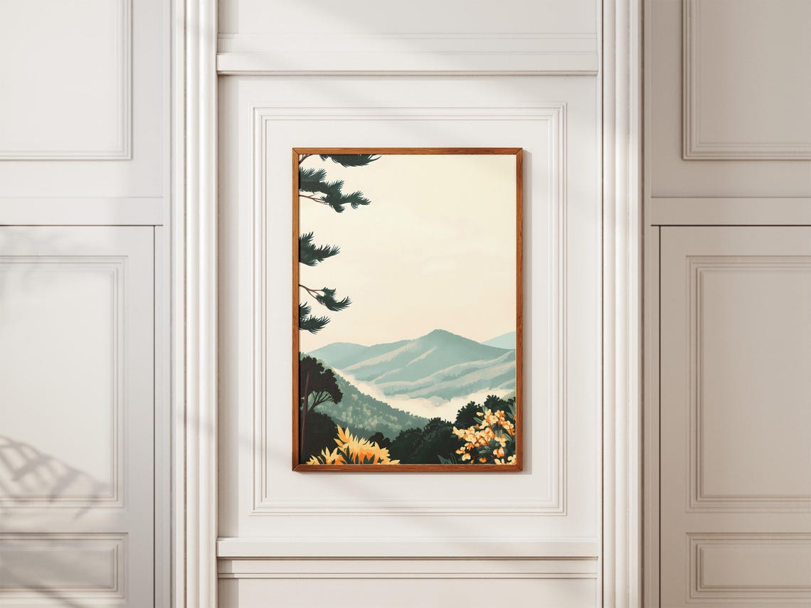 Misty Blue Mountain Ridges Yellow Wildflowers Pine Branch Poster - Image 2
