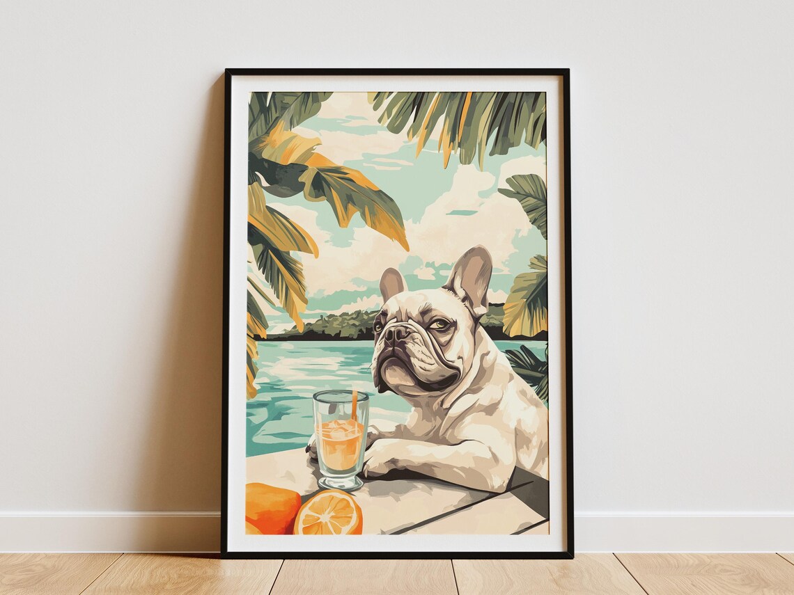 French Bulldog Relaxing With Citrus Drink By The Sea Shore Poster