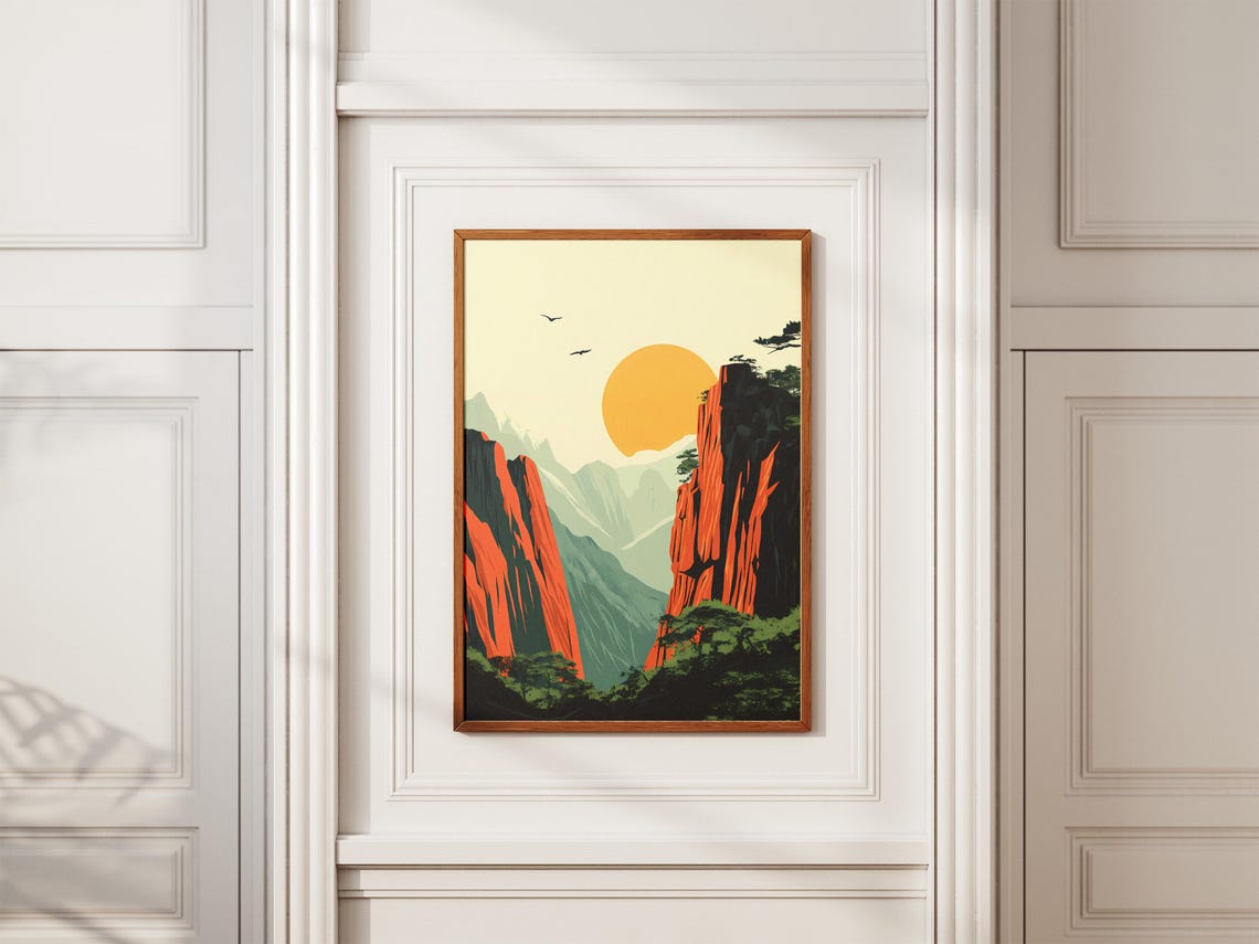 Wolong China Mountain Gorge Red Cliffs Sun Vintage Travel Decor Poster - Image 2