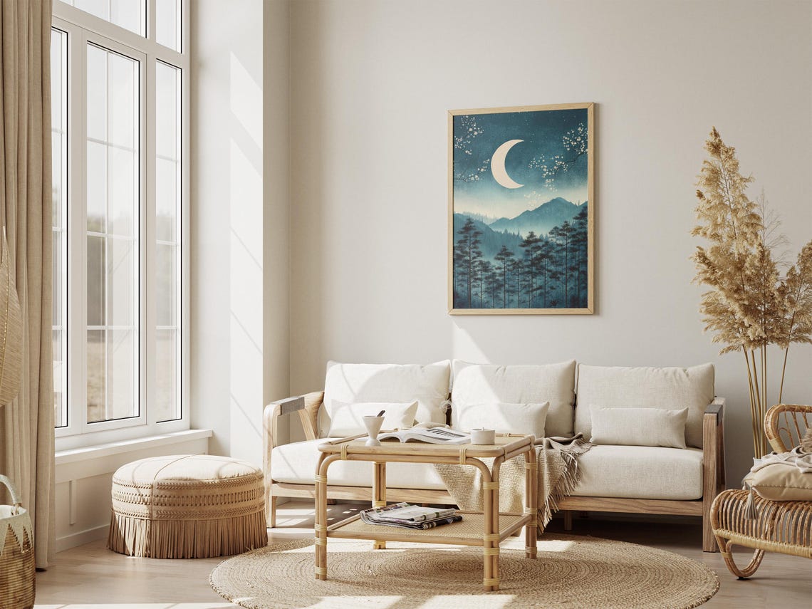 Pine Forest Under Crescent Moon Misty Mountains Asian Night Art Poster - Image 4