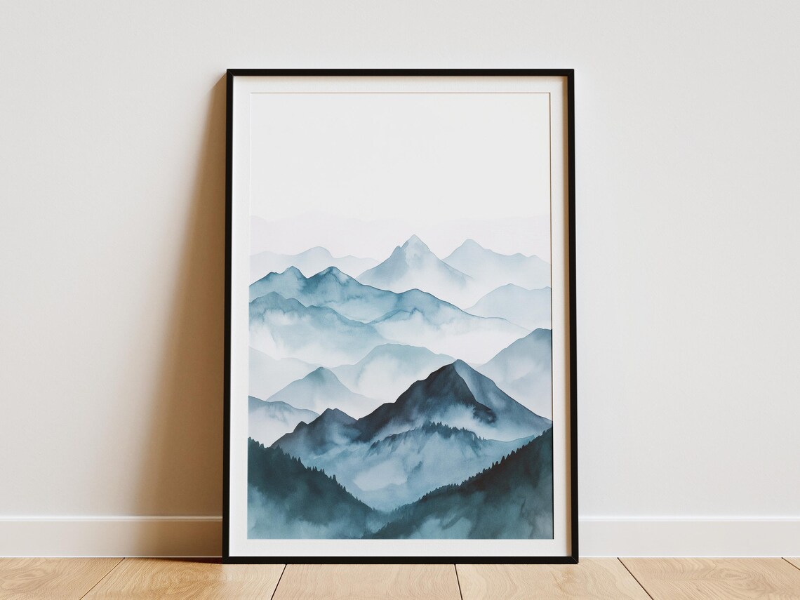 Blue Watercolor Layered Mountain Ranges Misty Japandi Art Poster