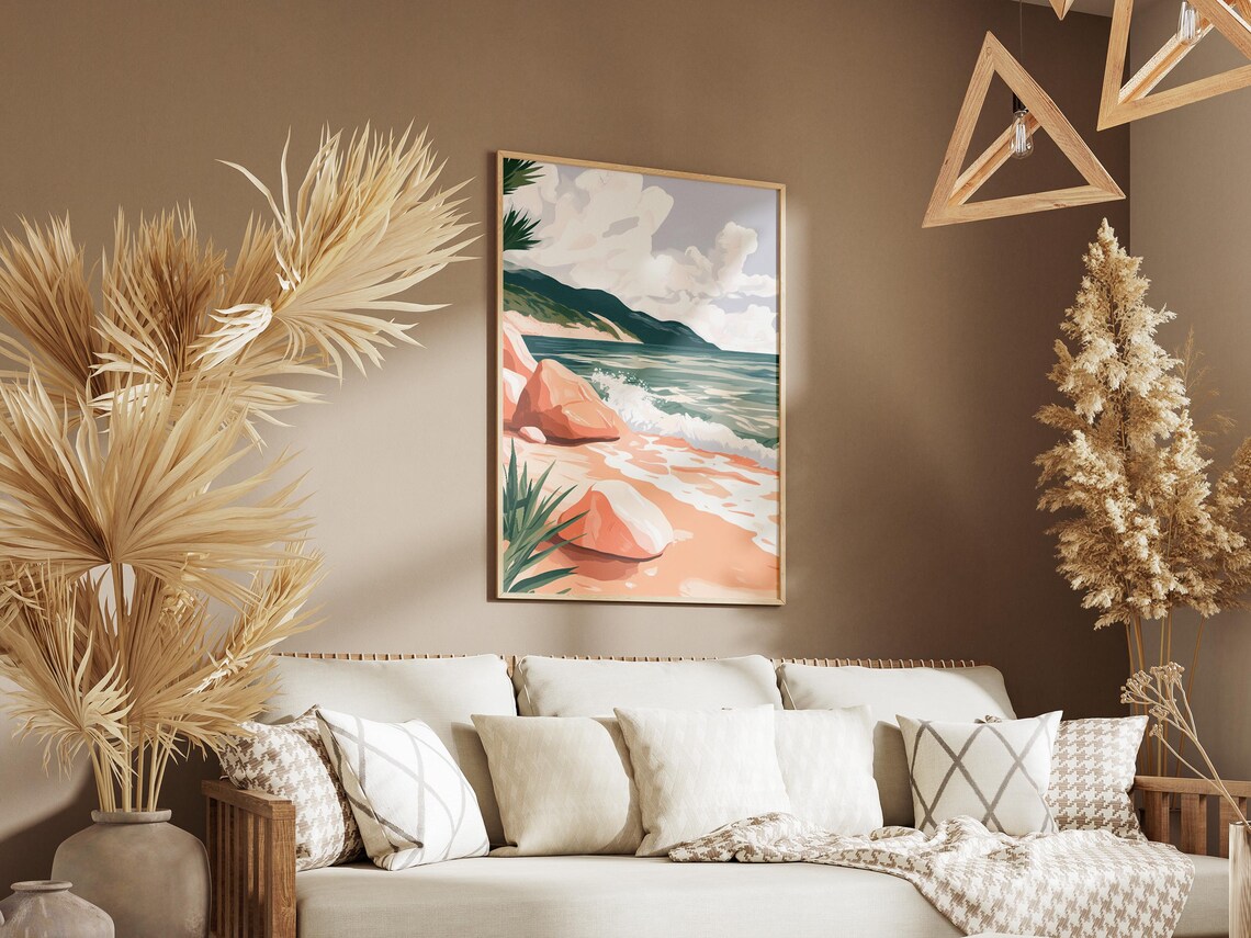 Rocky Ocean Shore With Crashing Waves And Palm Leaves Poster - Image 3
