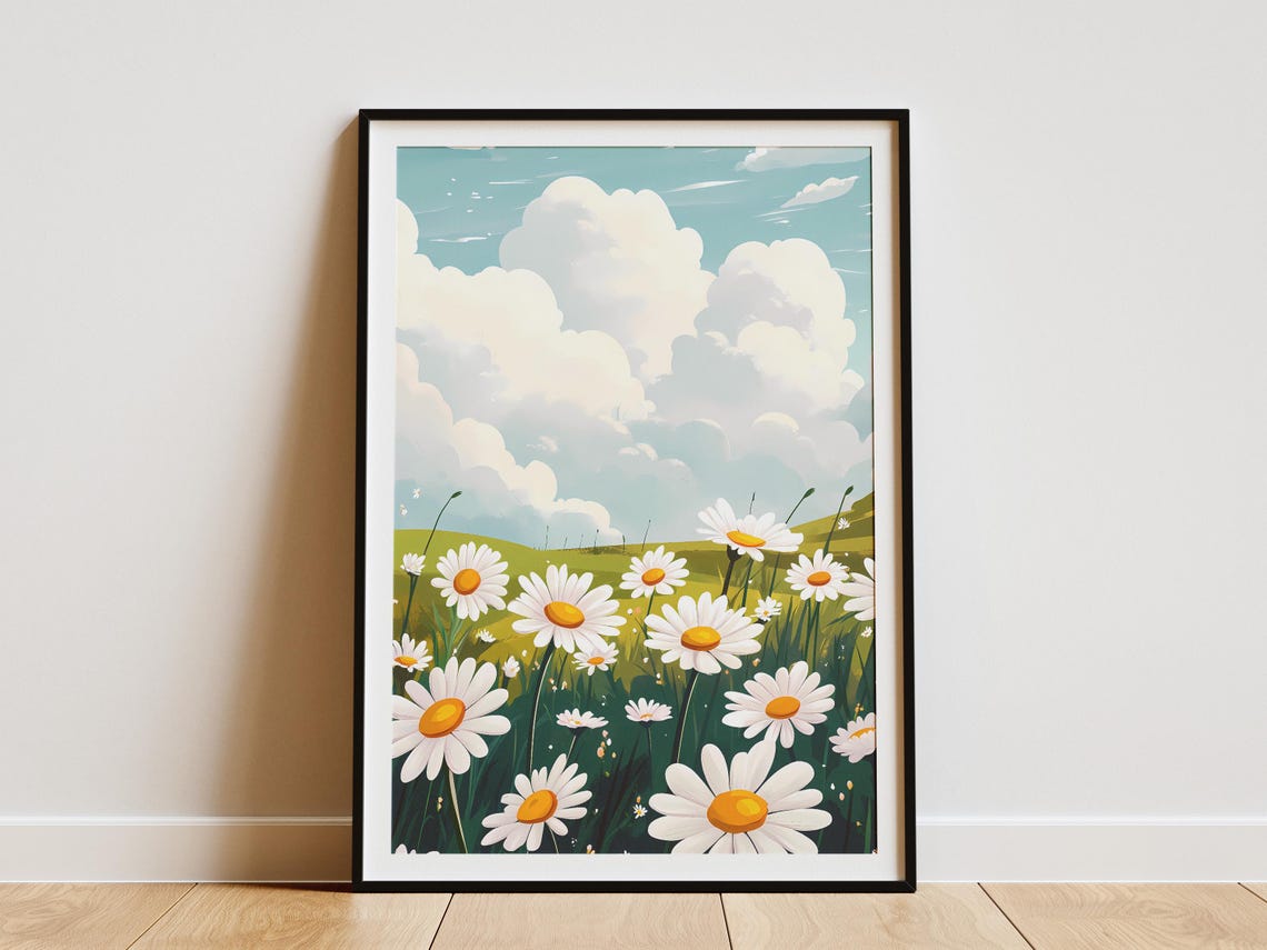 White Daisy Meadow Under Big Puffy Summer Clouds Sky Art Poster
