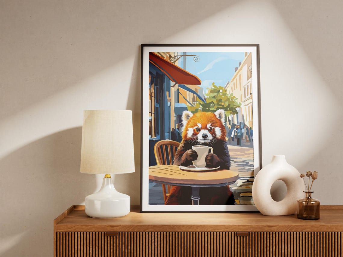 Red Panda Drinking Coffee at Sunny Street Cafe Table Art Poster - Image 4