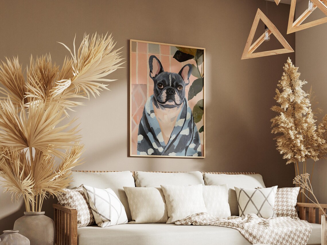 French Bulldog in Blue Polka Dot Bathrobe Funny Dog Art Poster - Image 3