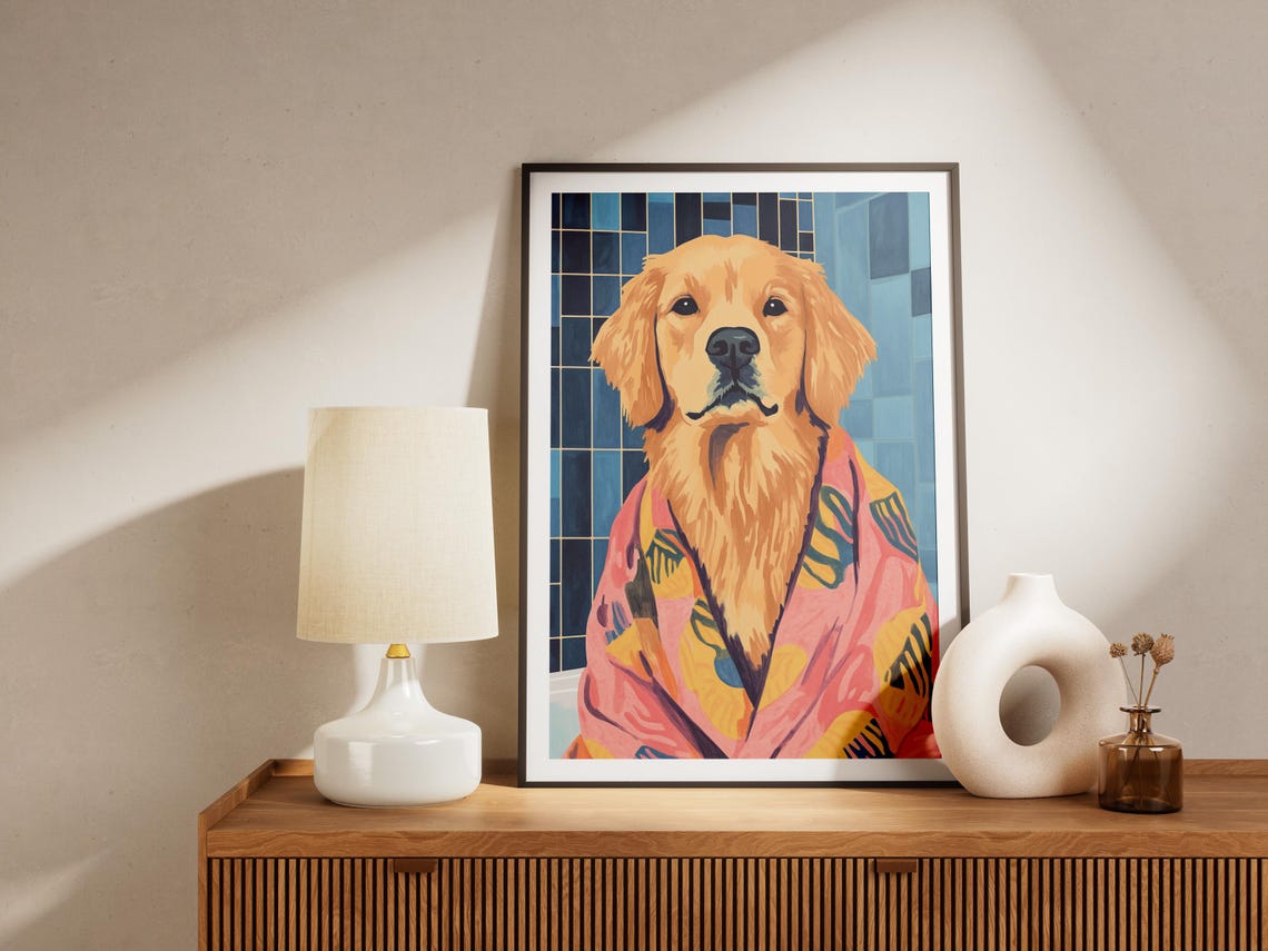 Golden Retriever Puppy in Floral Bathrobe Dark Blue Tile Art Poster - Image 4