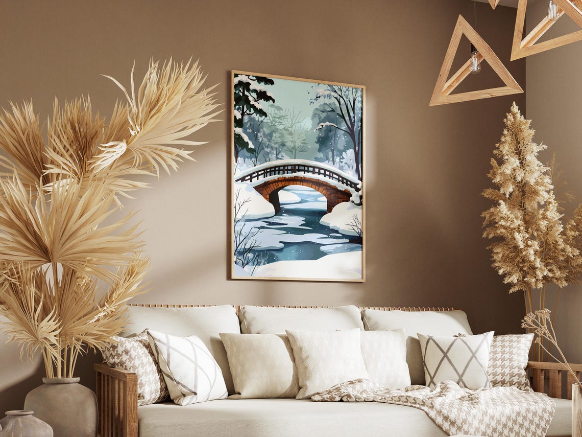 Snowy Arched Stone Bridge Over Frozen Winter River Scene Poster - Image 3