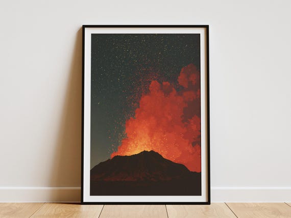 Volcano Eruption Poster Under Stars Print Hawaiian Landscape Art Abstract Celestial Wall Home Decor Dorm Paper