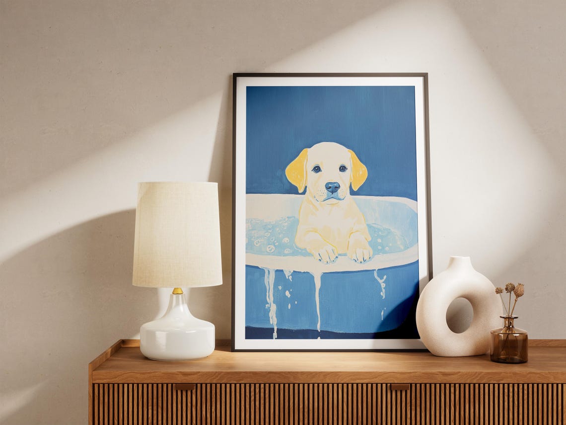 Yellow Labrador Puppy in Blue Tub Bubble Bath Cute Puppy Dog Poster - Image 4