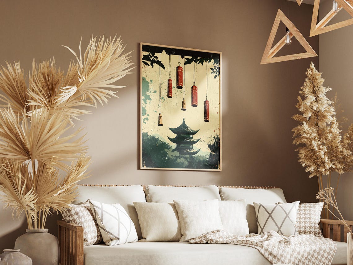 Red Wind Chimes Hanging Above Temple Pagoda Garden Art Poster - Image 3