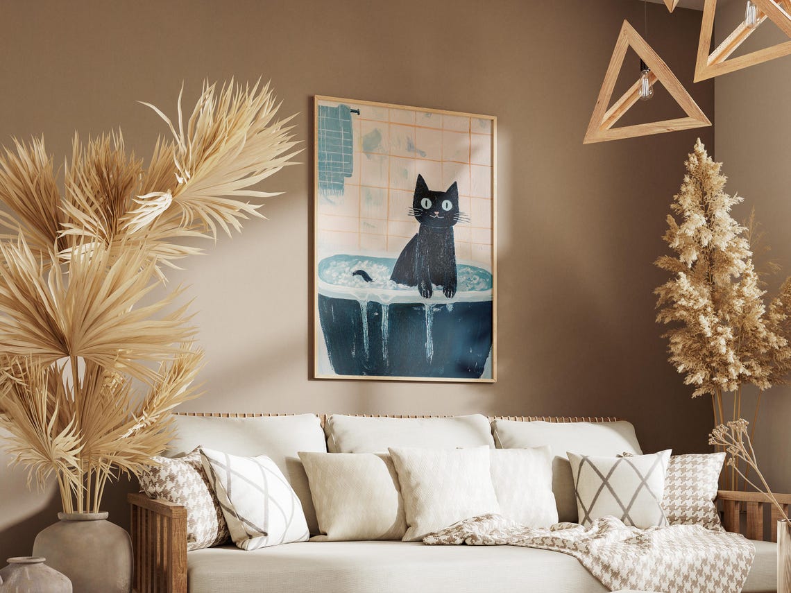 Black Cat Bubble Bath Dark Blue Tub Whimsical Bathroom Poster - Image 3