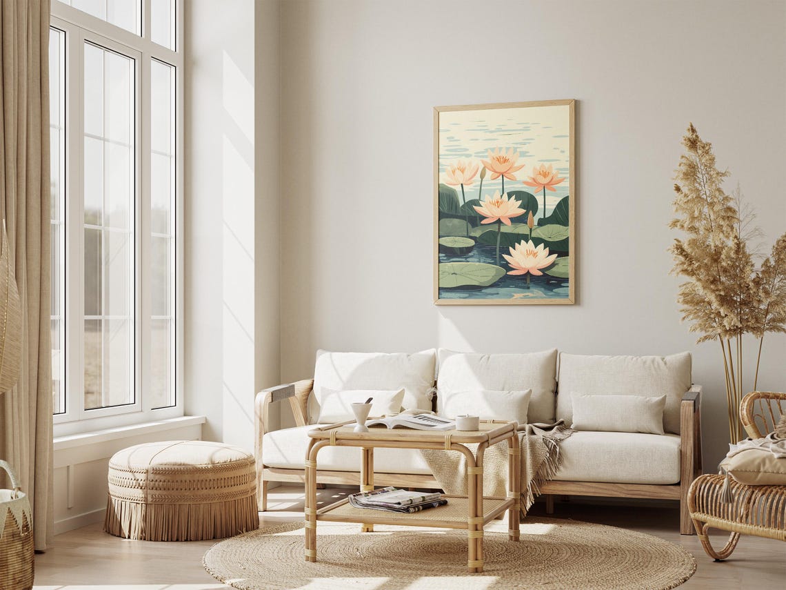 Peach Water Lilies On Tranquil Pond Botanical Peaceful Poster - Image 4