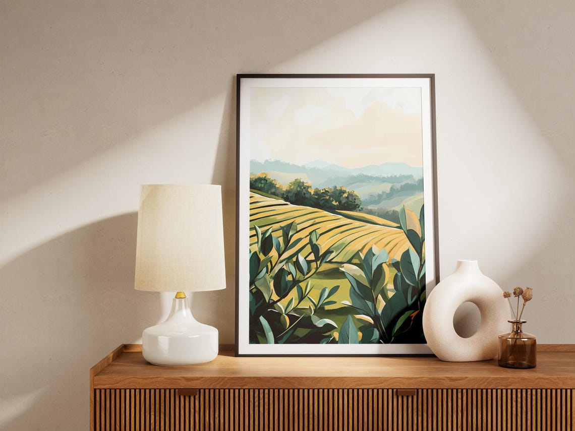 Foggy Green Tea Field Terraces Under Misty Blue Hills Poster - Image 5