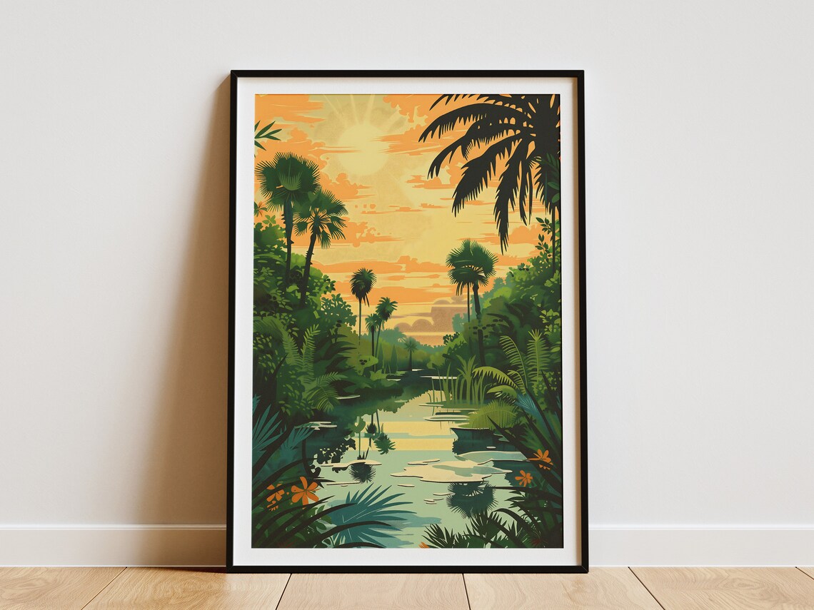Florida Everglades Sunset Palms River Wetlands Travel Poster