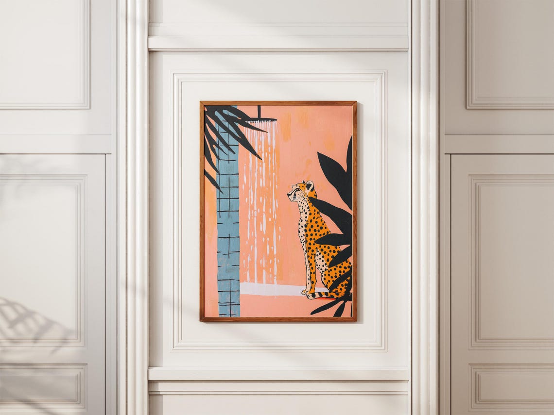 Spotted Cheetah Sitting Calmly Beneath a Running Showerhead Poster - Image 2