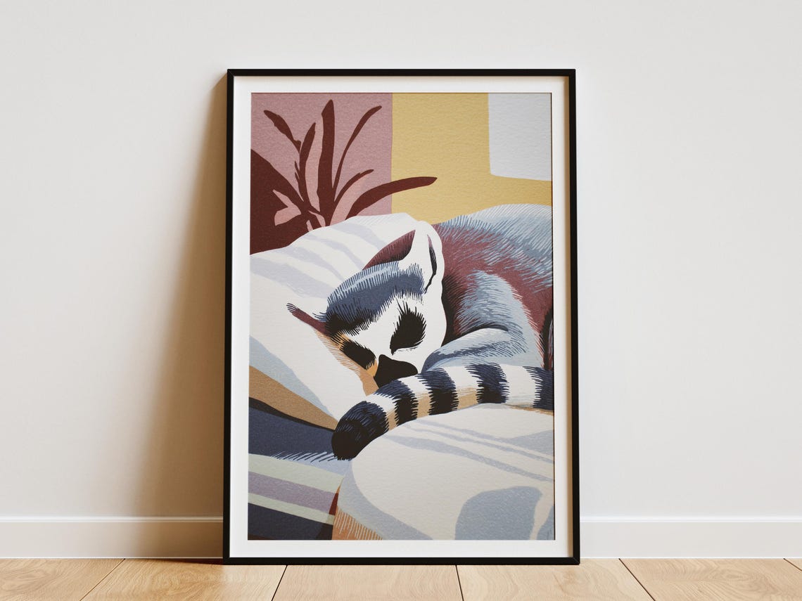 Sleeping Ring Tailed Lemur on Pillow Matisse Style Art Poster