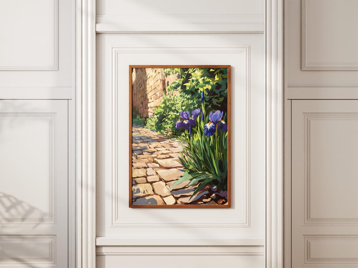 Purple Irises Along a Cobblestone Garden Path Poster With Stone Wall - Image 2
