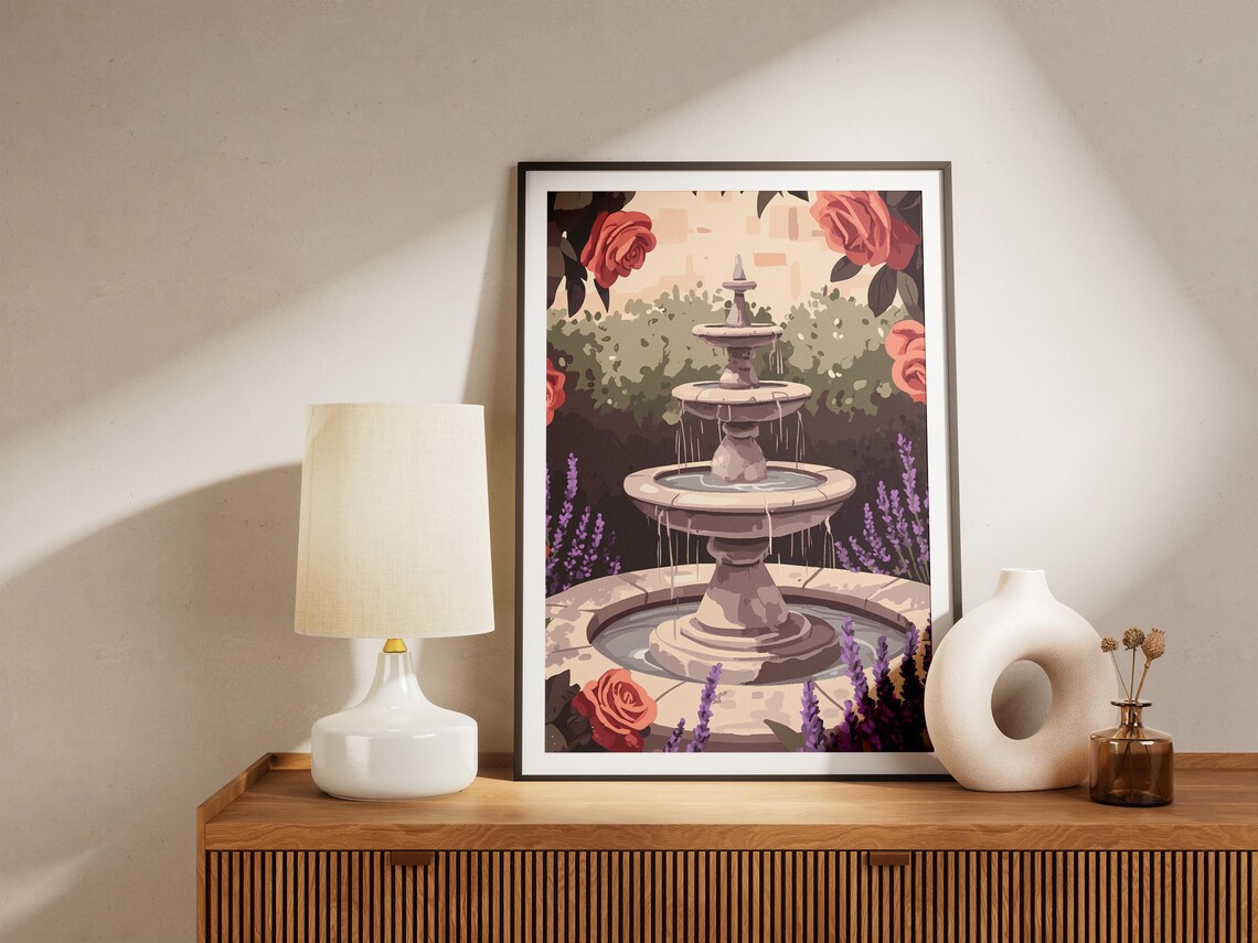 Stone Garden Fountain With Roses and Lavender Poster in Bloom - Image 5