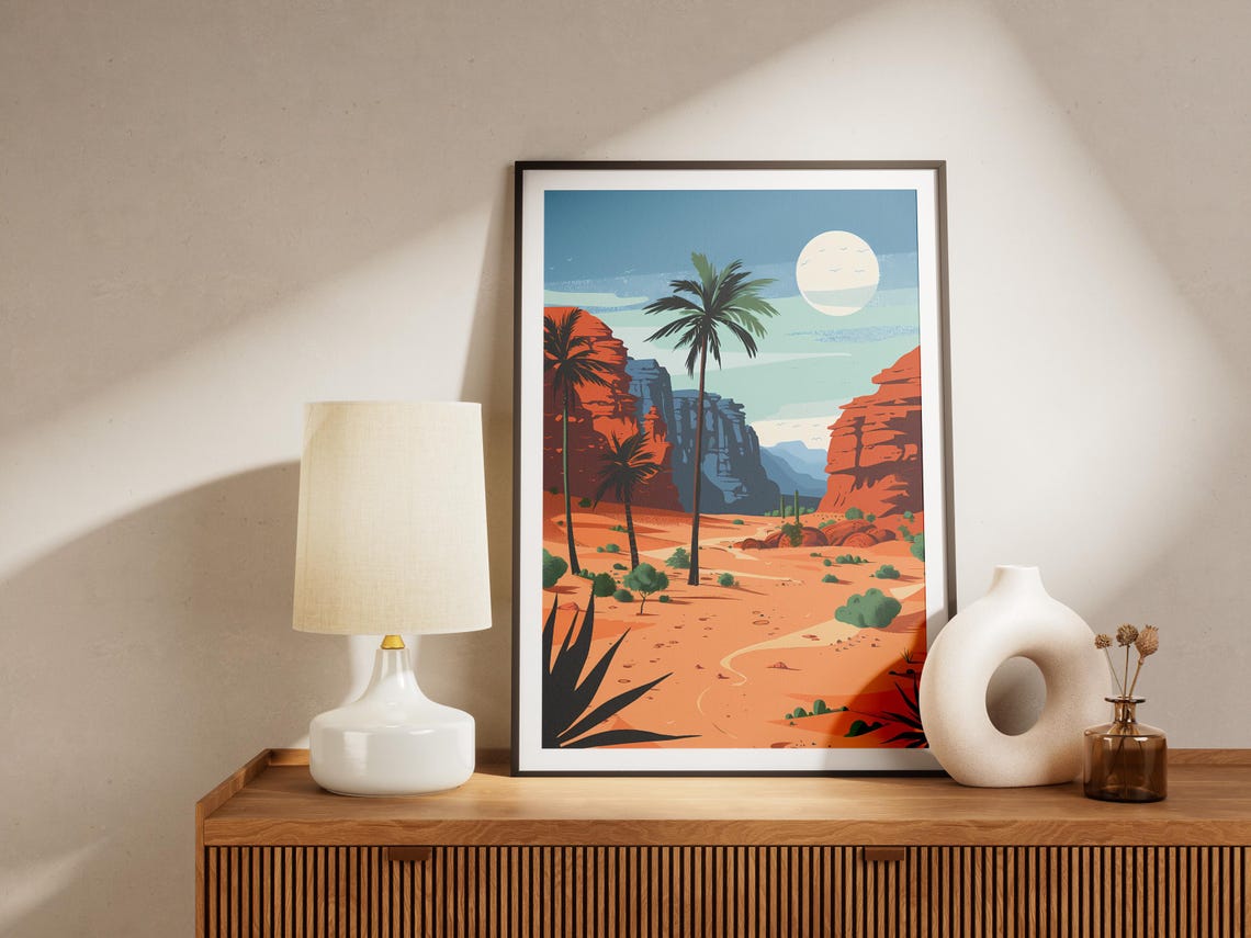 Wadi Rum Desert Palm Trees Moonlit Sand Dunes Jordan Travel Poster - Image 2
