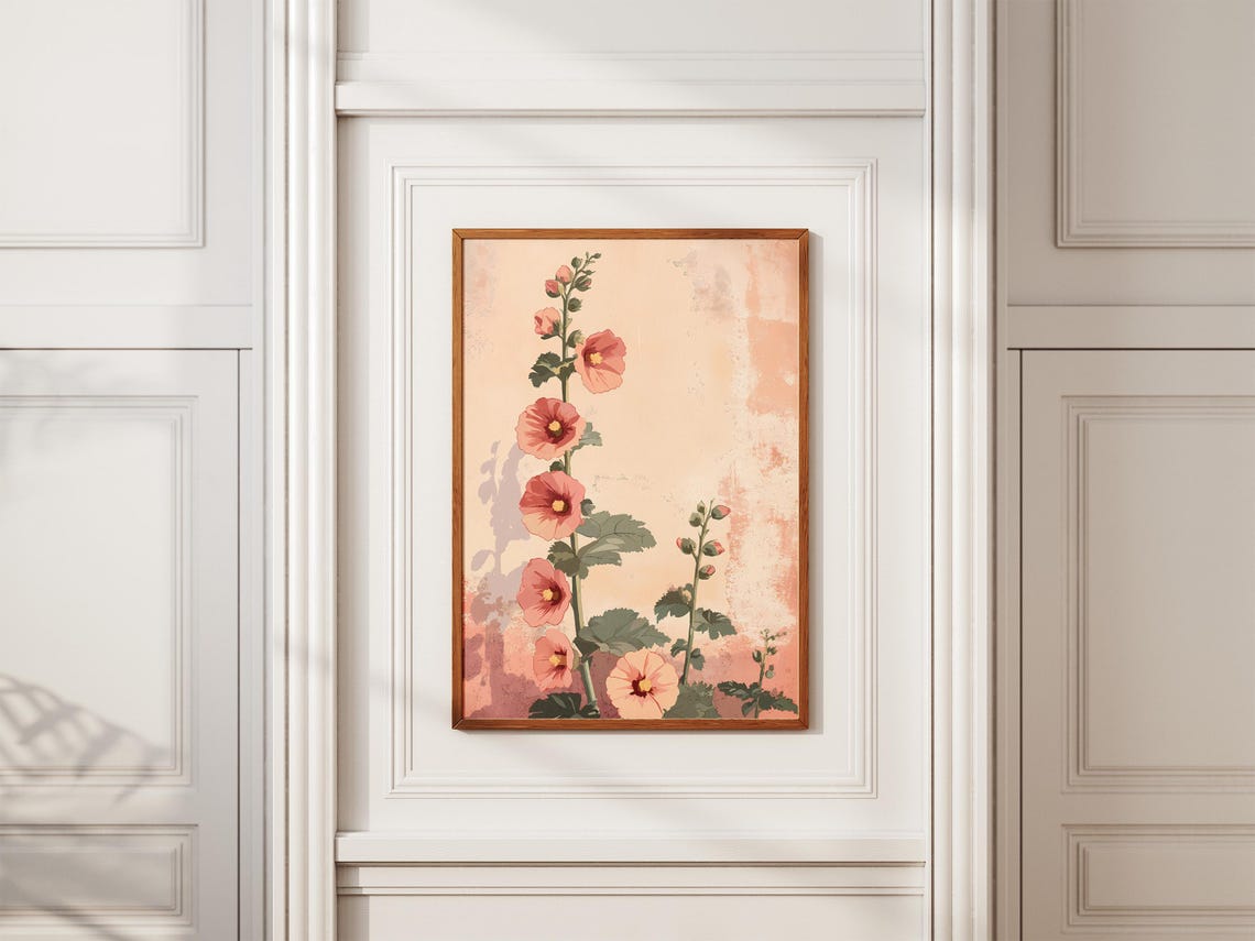 Peach Hollyhock Stems Cottage Garden Flower Botanical Poster - Image 2