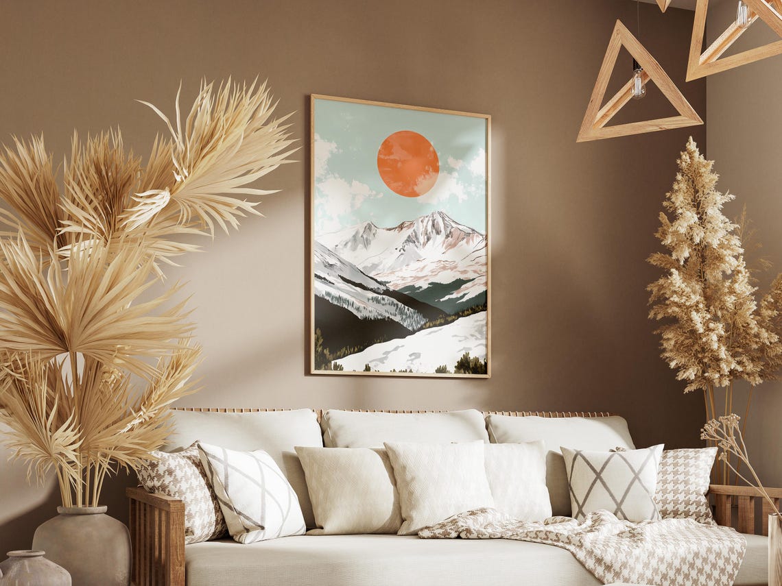 Minimalist Snowy Mountain Range With Orange Sun Landscape Poster - Image 3