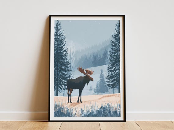 Majestic Moose Winter Forest Travel Poster Print Snowy Wildlife Landscape Wall Art Decor Rustic Cabin Nature Scene Gift For Outdoors