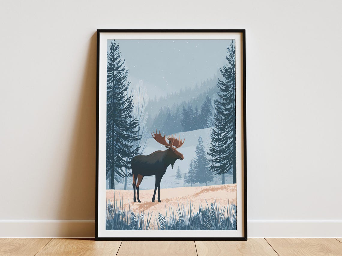 Moose Standing in Snowy Winter Pine Forest Snowfall Art Poster