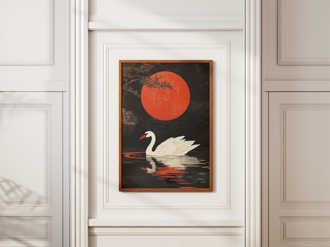 Swan Under Red Sun Japanese Woodblock Style Dramatic Art Poster - Image 2